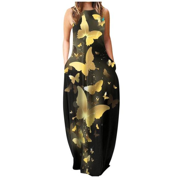 

casual dresses butterfly printed maxi dress women floral pullover long tank o neck sleeveless plus size robe femme vestidos, Black;gray