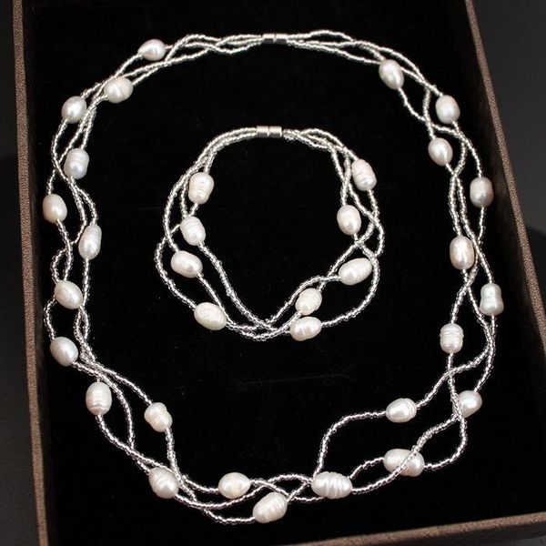 

fashion 100% natural freshwater pearl jewelry sets charm pearl necklace bracelet set for women wedding jewelry sets x1612, Silver