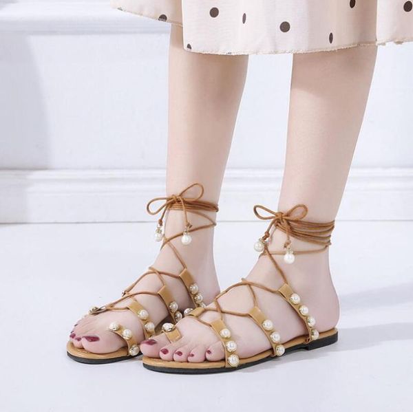 

new fashion pearl decoration flat toe sandals women's cross strap summer sandals roman style cutout gladiator women's, Black