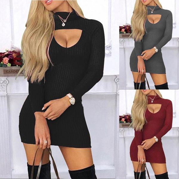 

casual dresses vintage black bodycon mini dress women hollow short ladies skinny long sleeve party for 2021 fashion, Black;gray