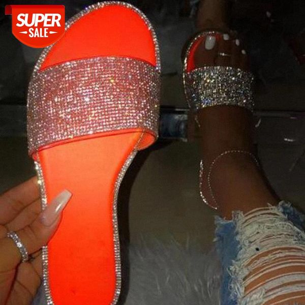 

puimentiua rhinestone slippers 2020 women fashion wild beach flop bright flat bottom outdoor wild student sandal #rf6n, Black