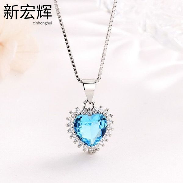 

korean fashion blue diamond female heart blue crystal pendant simple love pendant necklace, Black