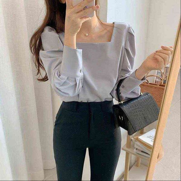 

gentle womens shirts square collar all match lantern sleeves casual loose office lady stylish brief women, White