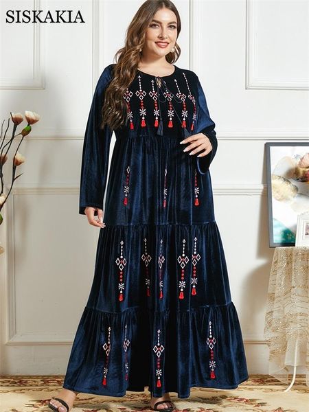 

casual dresses velvet embroidery maxi dress for women winter 2021 vintage ethnic tassel drawstring long sleeve arabic muslim turkey clothes, Black;gray