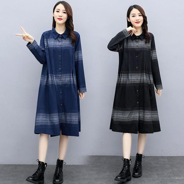 

casual dresses cotton and linen striped dress autumn plus size women's long sleeve lapel shirt mid-length a-line retro vestido m420, Black;gray