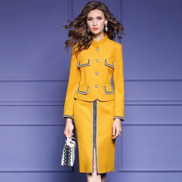 

casual dresses wool small fragrance female autumn and winter celebrity yellow slim trumpet sleeve beading skirt two piece suit lrar, Black;gray