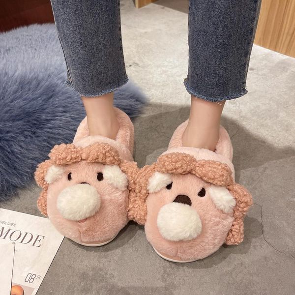 

slippers shoes for girls low casual slipers women slides winter footwear flock lady luxury 2021 flat short plush cover heel rome, Black