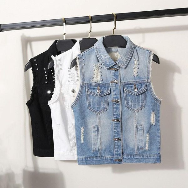 

women's vests spring autumn short jeans vest female white/black /blue sleeveless jacket women hole beading slim denim waistcoat, Black;white
