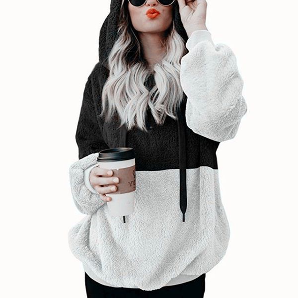 

2021 new women casual plush hoodies zipper patchwork drawstring sweatshirt autumn winter lady hooded warm loose plus size 5xl 1qra, Black