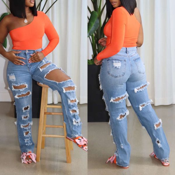 

summer fashion hole high waist pants, Blue