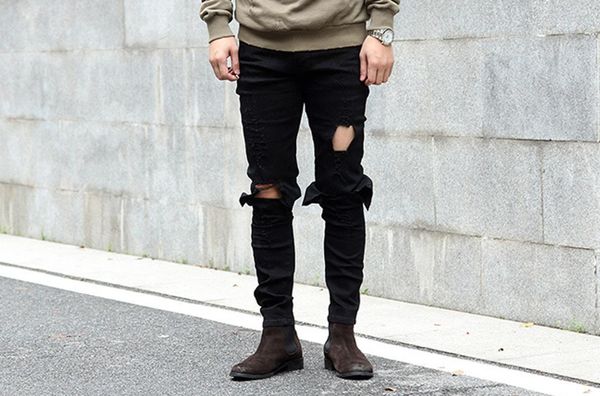 

men's jeans wimilous pants locomotive fold elastic foot trend, Blue