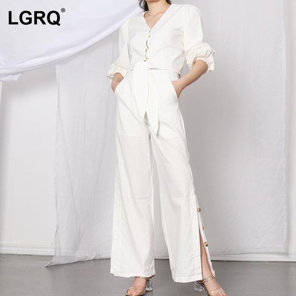 

women's two piece pants [lgrq] wide leg white bandage suit v-neck long sleeve fit women fashion tide spring autumn 2021 19d2309