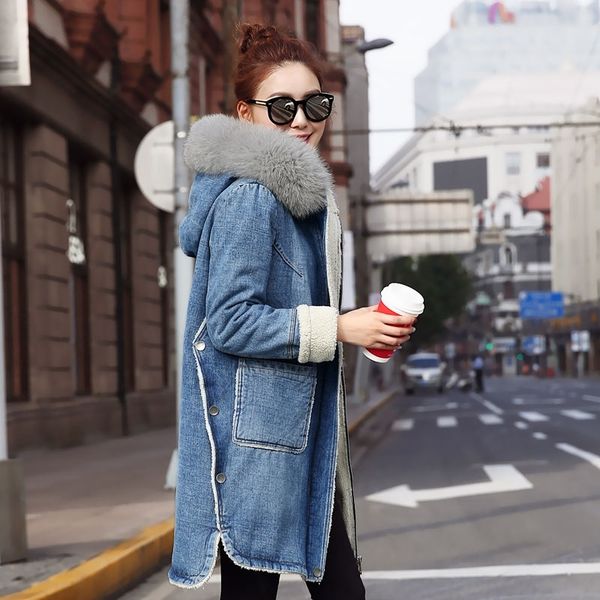 

european ladies clothing winter hooded big fur collar female jacket artificial coat warm wool lining long jacket 210531, Black;brown