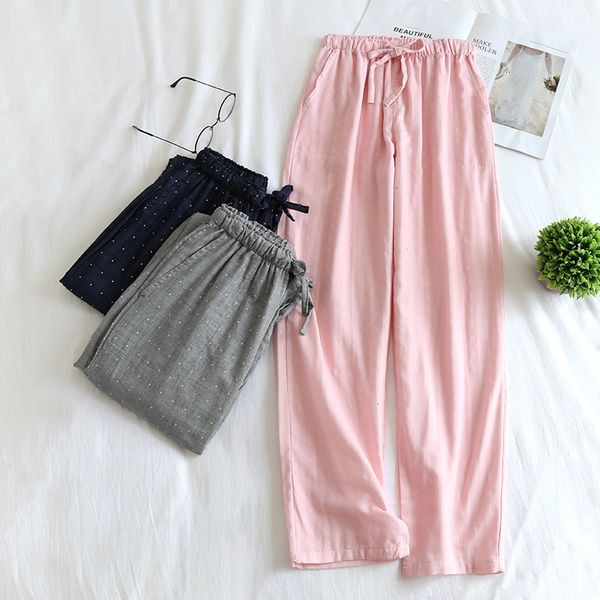 

men's pants japanese spring summer couples cotton auze and women's home plus size youth pajamas trousers 141e, Black
