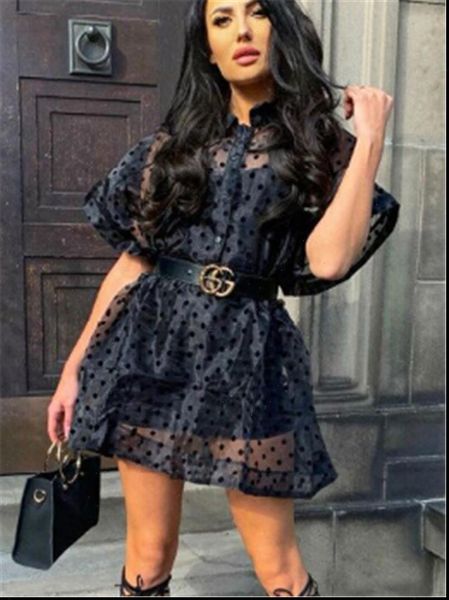 

mesh polka dot shirt dress see through women sheer mini dress fashion batwing sleeve lace up waist dress flare mini, Black;gray