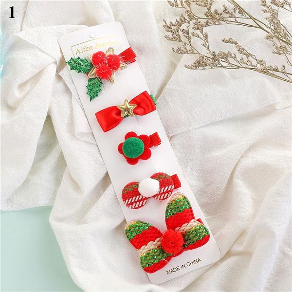 

hair accessories 5pc cartoon christmas gifts set girl clips barrettes ornament headband children hairpins, Slivery;white