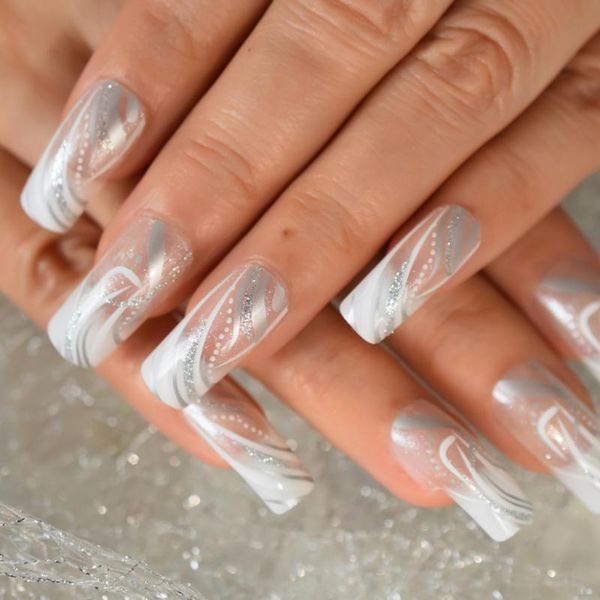 

false nails 24pcs clear edge glitter nail art full cover fack party charming gels wholesale square, Red;gold