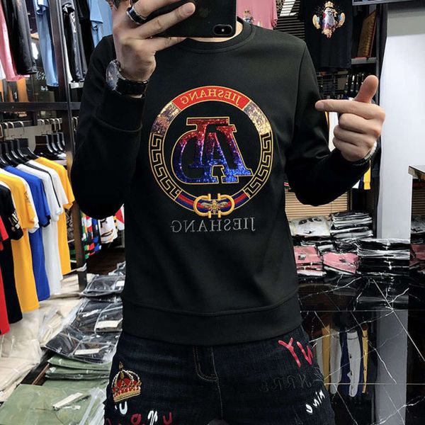 

2020 new sequin sweater spring and t-shirt long sleeve korean loose large autumn jacket men's fashion, Black