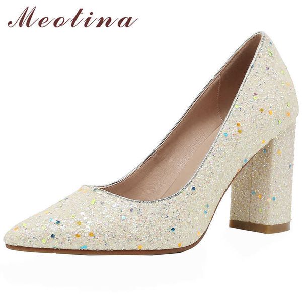 Meotina High Heels Damen Schuhe Spitz Pumps Bling Blockabsatz Hochzeitsschuhe Schöne Damen Party Schuhe Frühling Beige 43 210608