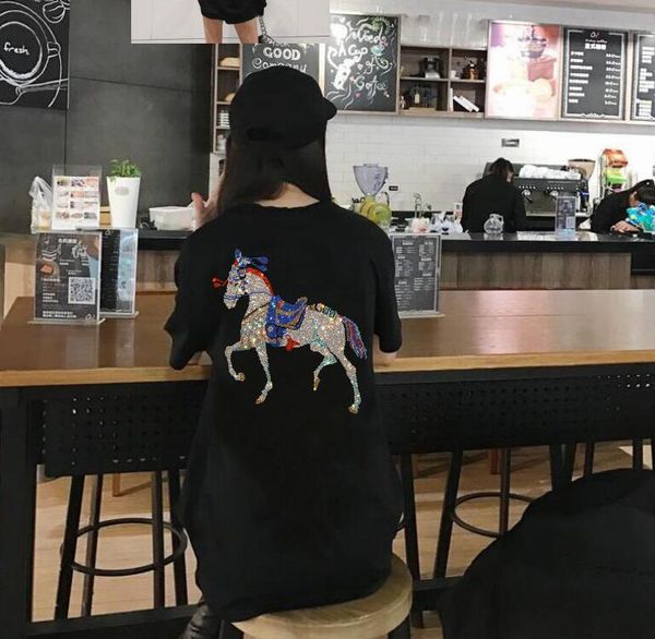 

girls short sleeve casual rhinestones horse slim fit homme women tees designer, White;black