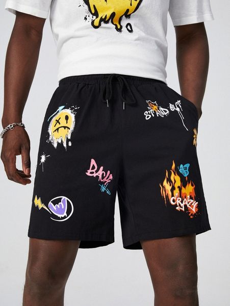 

men cartoon & fire print shorts 76iz#, Black