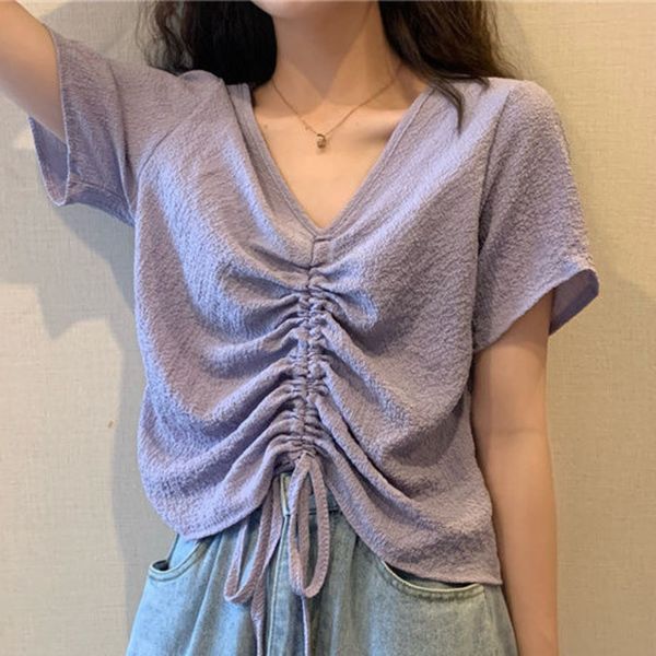 Drawstring de mangas curtas Mulheres Base Camisa Cellarbone Top T-shirt Fashionable Loose V-Neck Design C0304