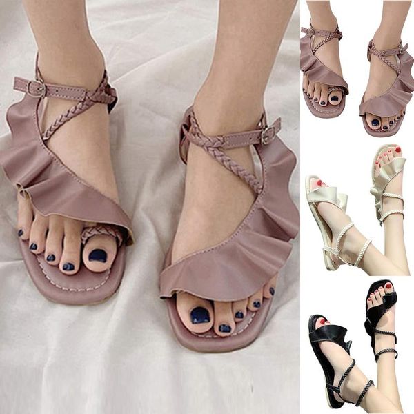 

sandals women flat ruffle fashion women's shoes beach summer for 2021 plus size 35-43, Black