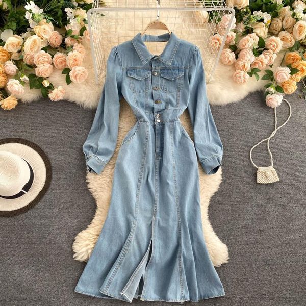

2021 new spring autumn women mermaid sleeve turn down collar denim female slim long jeans es robe femme 2iaf, Black;gray