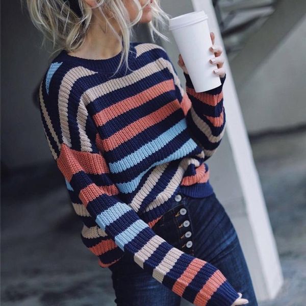

women's sweaters striped casual knitted sweater women 2021 autumn o-collar long sleeved pullovers loose, White;black