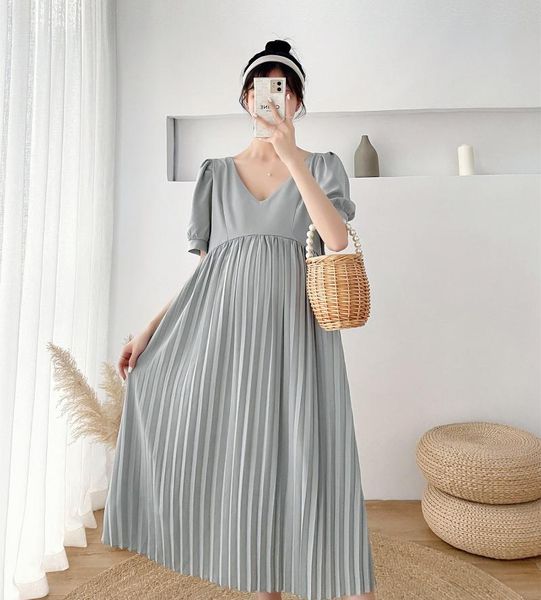 

maternity dresses a296# summer korean fashion chiffon long dress v neck slim waist pleated loose clothes for pregnant women pregnancy, White