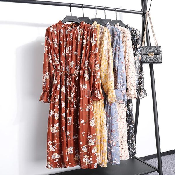 

casual dresses spring summer chiffon dress for women long sleeve lace-up floral print loose female pleated 2021 midi vestidos, Black;gray