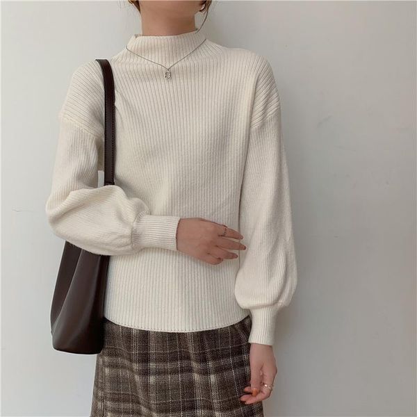 

women's sweaters puff sleeves knitted pullover loose solid mock neck knitting jumper office lady sweater autumn winter, White;black