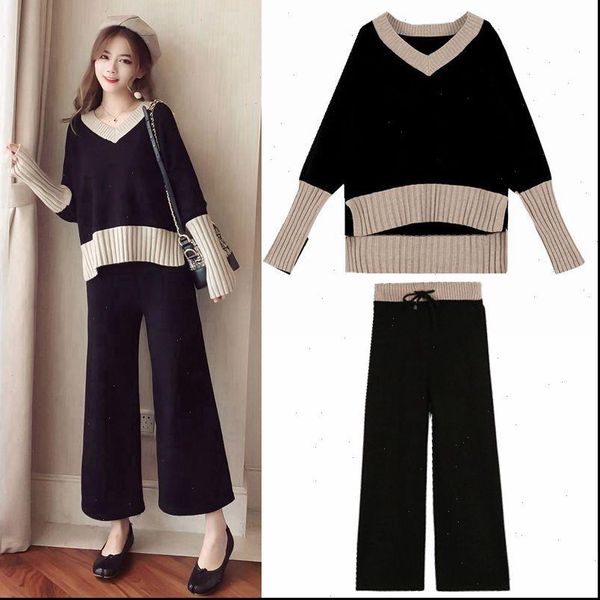 

suit female temperament of autumn outfit new web celebrity fashion knitting coat wide legged pants goddess brim two suits, Gray