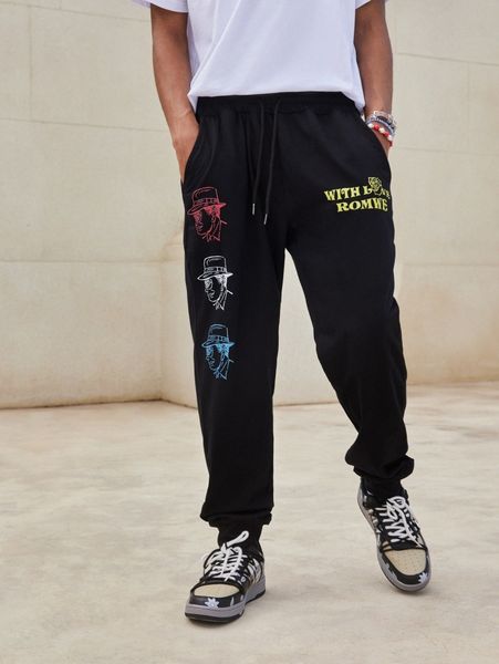 

romwe guys letter graphic drawstring sweatpants k6cp#, Black