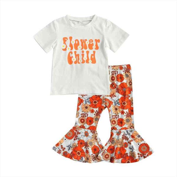 

2 pieces kids suit set, girls floral print round neck shirt sleeve t-shirt flared trousers for summer, 2-7 years, White