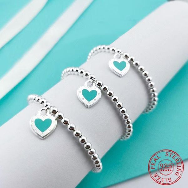 

beaded, strands ladies bracelet 925 sterling silver enamel blue love heart-shaped jewelry korean fashion valentine's day gift for girlf, Black