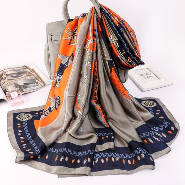 

scarves 2021 summer carriage silk korean print beach towel lady 180x90cm travel shawls fashion sunscreen dustproof handkerchief, Blue;gray
