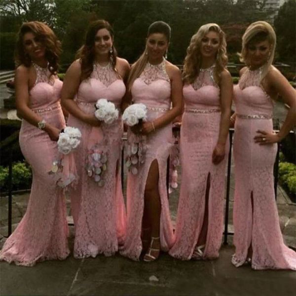 

pink full lace bridesmaid dresses plus size halter sparkly beaded custom made mermaid side slit floor length maid of honor gown wedding gues, White;pink