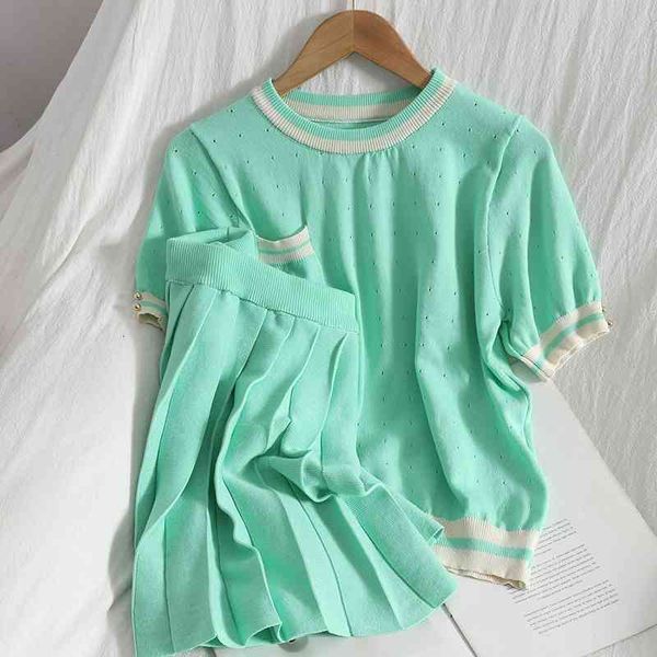 

two piece dress summer skirt suit contrast color o neck pullover pocket hollow with solid thin pleated knitted two-piece femal, White