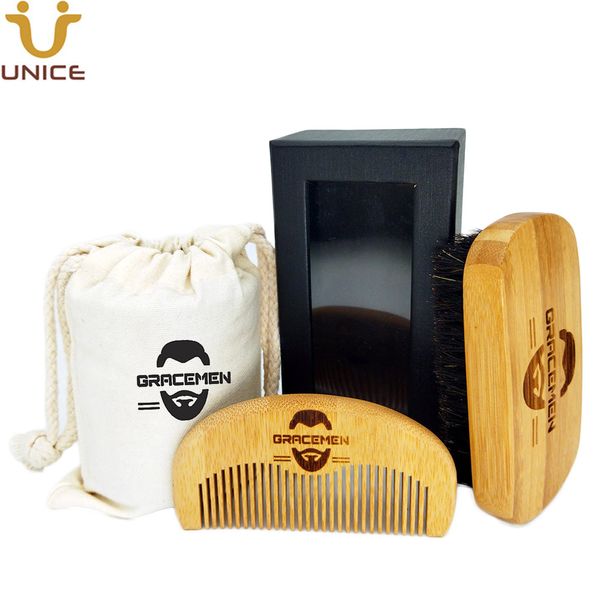 MOQ 100 Set Spazzola per capelli Pettine Set OEM Personalizza Logo Bambù Eco-Friendly Barba Baffi Grooming Abiti con borsa Box Barbe Spazzole e pettini per uomo