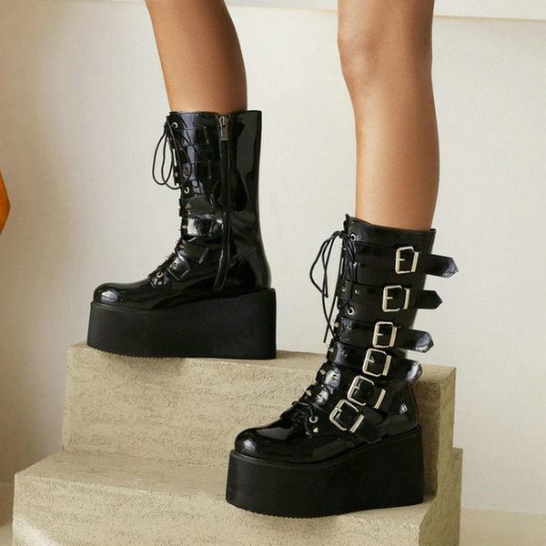 

boots gothic calf women increase punk style platform shoes ladie motorcycle black
