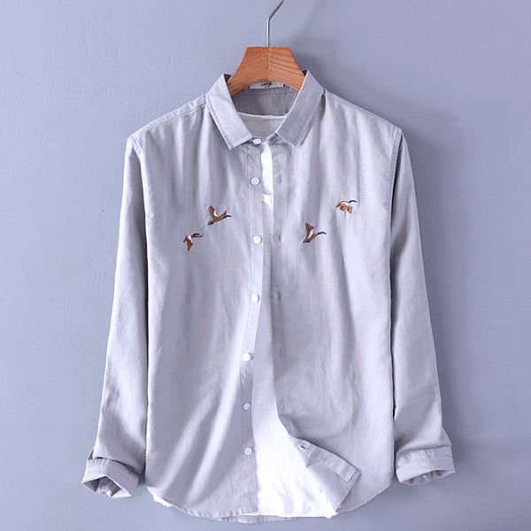 2021 new design embroidery brand linen men long-sleeved casual gray shirt mens fashion shirts male overhemd camisa 2sd4, White;black