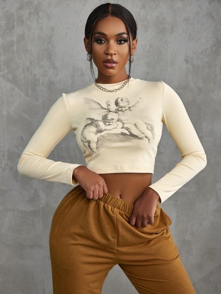 

sxy angel print mock neck crop tee n19e#, White