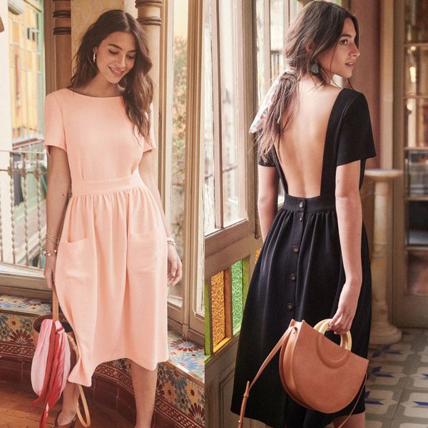 

selling dress round neck open back waist button dress fm1832, Black;gray