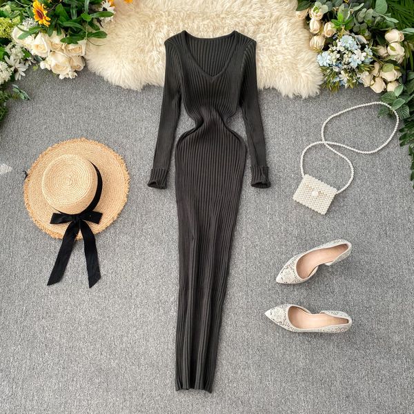 

women autumn knitted dress v neck slim elastic oversized basic bodycon long winter knit sweater dresses, Black;gray