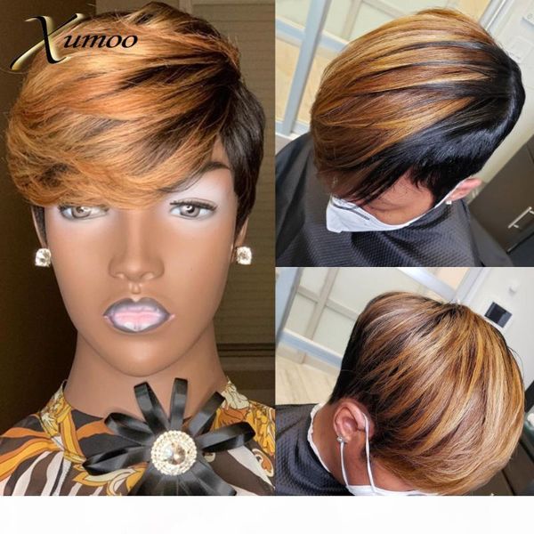

xumoo bob wig human brazilian hair wigs highlight brown pixie cut wig none lace wigs with bangs short human hair for women, Black;brown