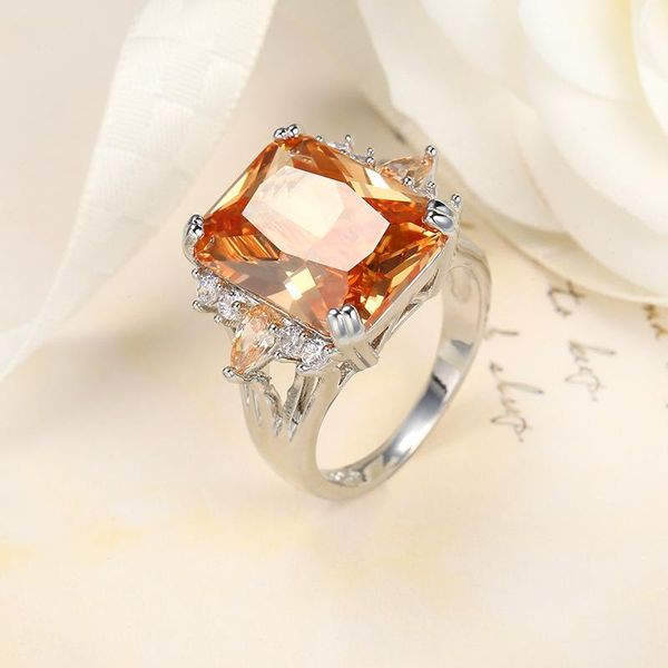 

wedding rings classic big champagne cz stone ring large single orange crystal cut luxury plata color women jewelry, Slivery;golden