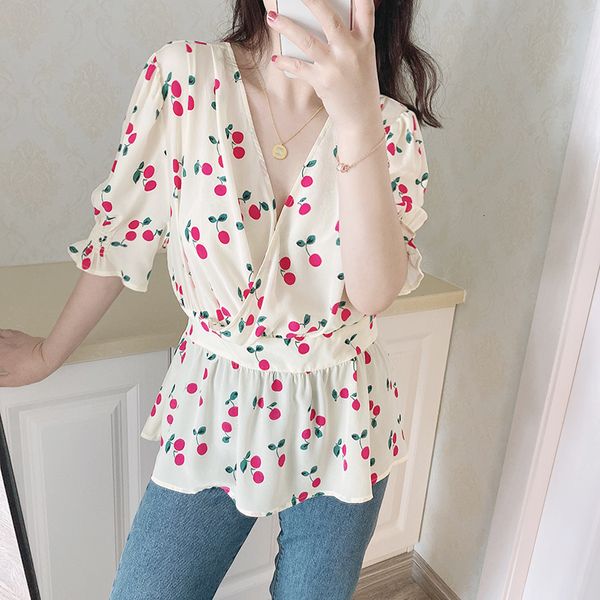 

2021 new incio da primavera com decote em v blusa casual manga curta seda cereja impresso feminina camisa superior rendas cintura x22u, Black