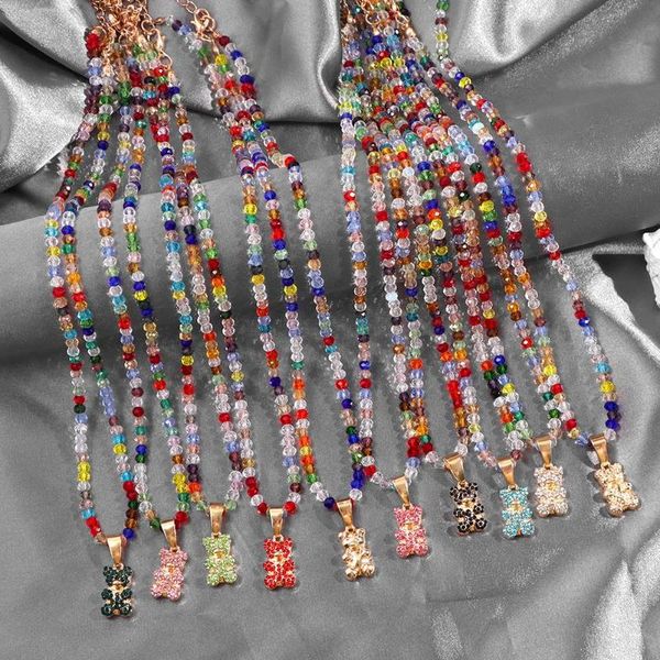 

chains korean cute rainbow color cartoon bear crystal beaded necklace for women girls shiny metal pendant necklaces jewelry gifts, Silver