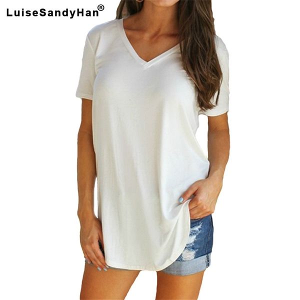 

women's v-neck short-sleeved t-shirt female casual polyester cotton t shirt tees summer 210315, White